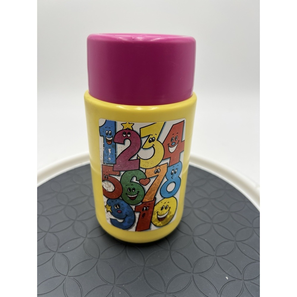 Vintage Thermos 3700 Silly Numbers 10 Oz Bottle Yellow Pink Rare USA 1990s